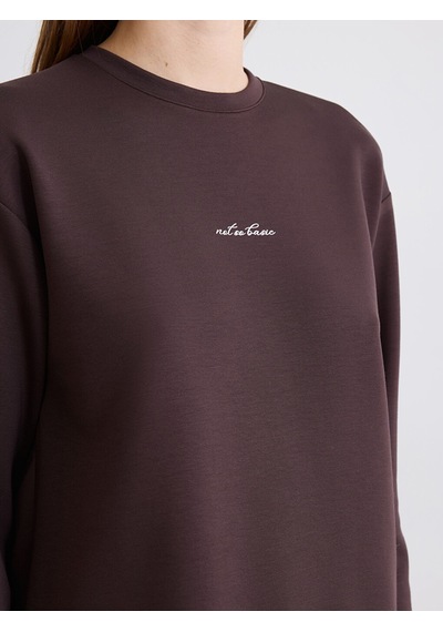 Lcw Comfort Kahverengi Bisiklet Yaka Baskılı Soft Touch Kadın Sweatshirt