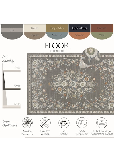 Cool Halı Floor Gri Vintage Çiçekli Klasik Salon Oturma Odası Dekoratif Pati Dostu Halı