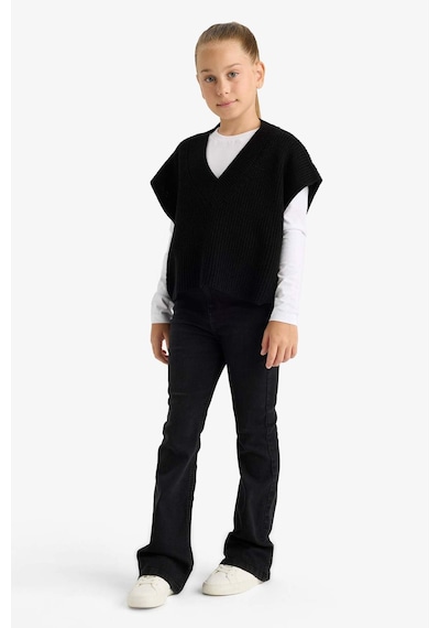 Defacto Kız Çocuk Oversize Geniş Kalıp V Yaka Triko Süveter F2625a825aubk27 Siyah