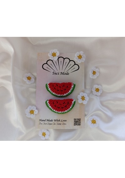 Kız Çocuk Karpuz Meyveli 2'li Toka Seti Hand Made Örgü Toka Çok Renkli