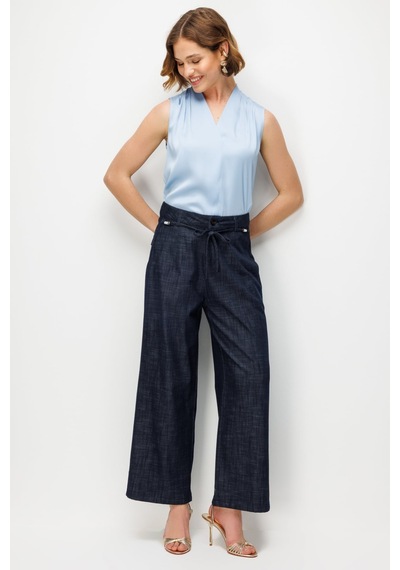Ekol Kadın Beli Süs Kemerli Bol Paça Pantolon 4934 Indigo