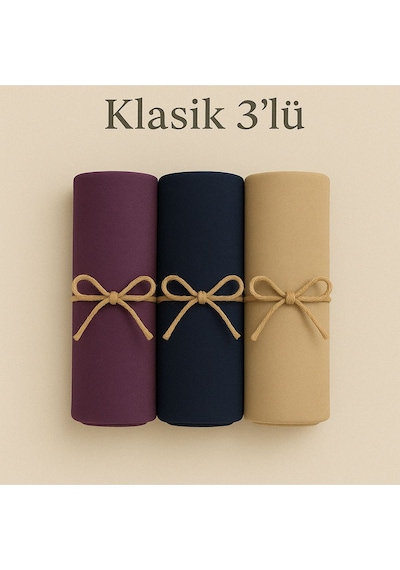 Mim Eşarp Penye Pamuksu Şal Klasik 3 Lü Set Mor - Lacivert - Bej