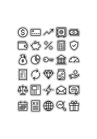 30 Adet Minimalist Finans İkon Sticker Seti - Laptop Defter Ajanda İçin Sade Tasarım Çok Renkli