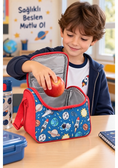 Uzay Roket Astronot Gezegen Termal Beslenme Çantası Isı Yalıtımlı Çocuk Okul 24x22x14 Cm Çok Renkli
