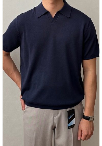 Tarz Cool Erkek Patlı Kısa Kollu Polo Yaka Triko T-shirt Lacivert