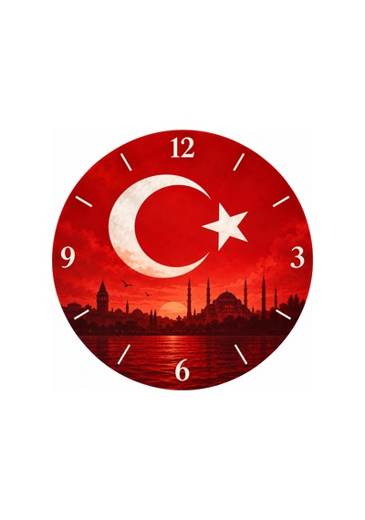 Türk Bayraklı Ay Yıldız Desenli 45 Cm Ahşap Sessiz Akar Mekanizmalı Uv Baskılı Dekoratif Duvar Saati Hediyelik 1087 Çok Renkli