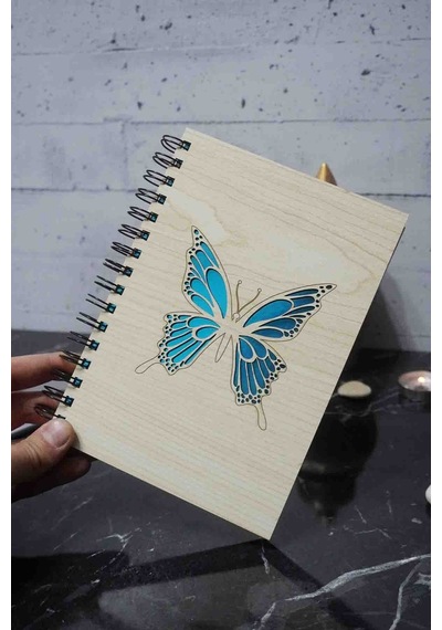 Kelebek Desenli Ahşap Defter - Ajanda - Günlük - Çizgisiz Defter Ahşap Rengi Banu A5 Notebook