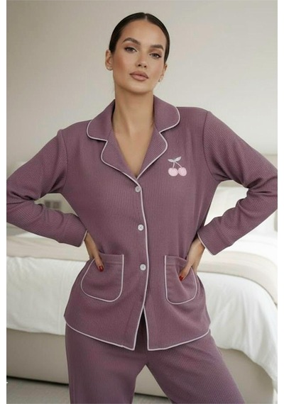 Siyah İnci Cepli Bürümcük-krınkıl Uzun Kollu Düğmeli Örme Pijama Takım 7941 Mor