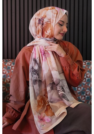 Afvente Manolya Çiçek Desen Sarı Soft Pamuk Şal Çok Renkli