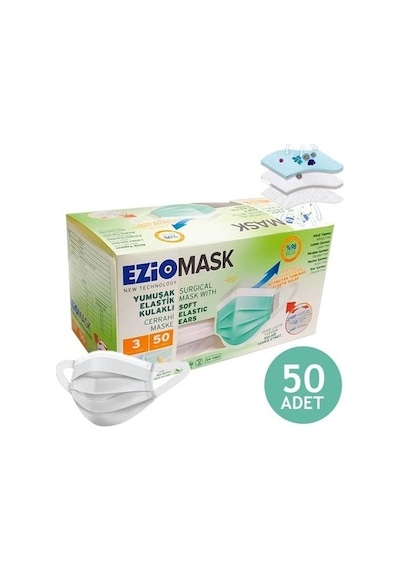 Ezio Meltblown Elastik Kulaklı Kalın Lastik Telli 3 Katlı 50 Adet