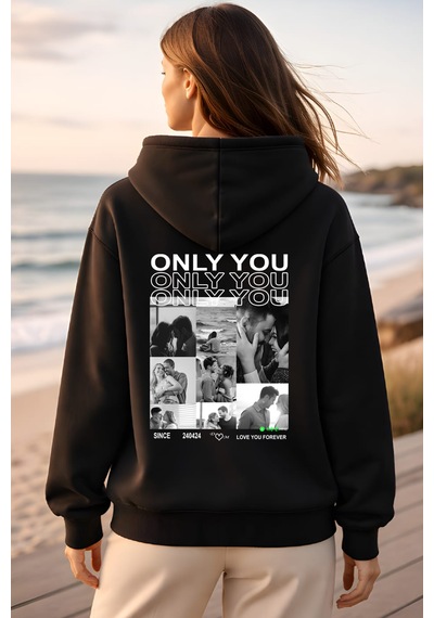 Young Fit Kişiye Özel Ön Ya Da Sırt Baskılı Kapüşomlu Hoodie Unisex Oversize Premium 3 İplik Sweatshirt Black