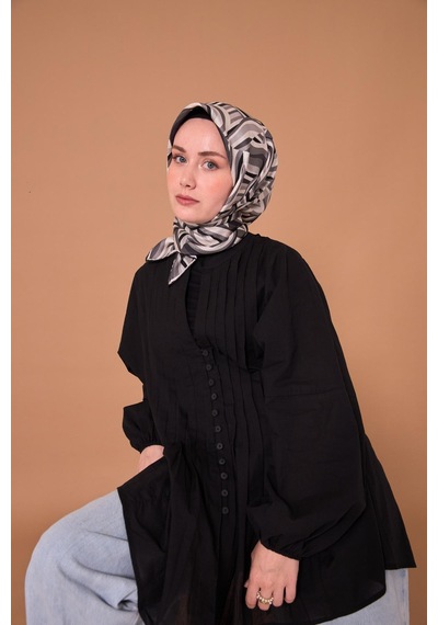 Twill İpek Eşarp 11471-17 Siyah, Beyaz, Gri, Antrasit