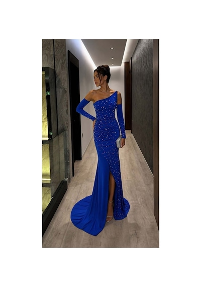 DefyModa Kadın Günlük Tek Omuz Taş Detaylı Abiye Elbise Saks