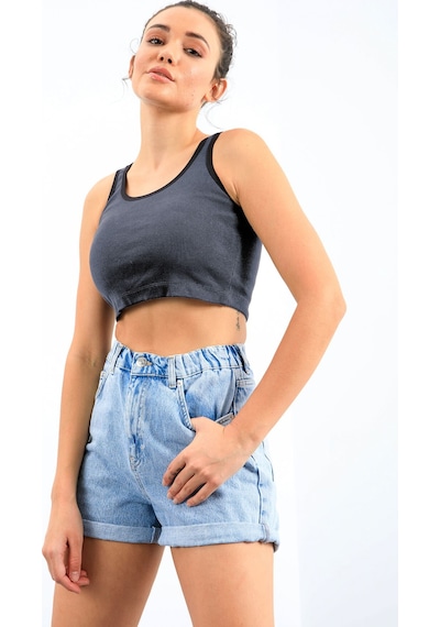 Tommy Life Lacivert Melanj Basic Sıfır Kol Dar Kalıp U Yaka Kadın Crop Top Atlet - 97162 Lacivert