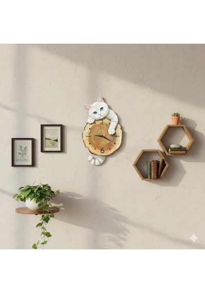 Cajuart Kütük Üzerinden Bakan Beyaz Kedi Tasarımlı Duvar Saati Modern Dekoratif Saat Beyaz