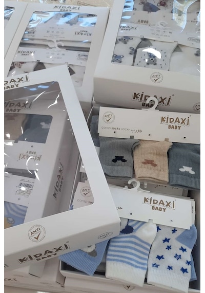 Kidaxi Desenli Erkek Bebek 3 Çift Çorabı 0-6 Ay Arası Desenli