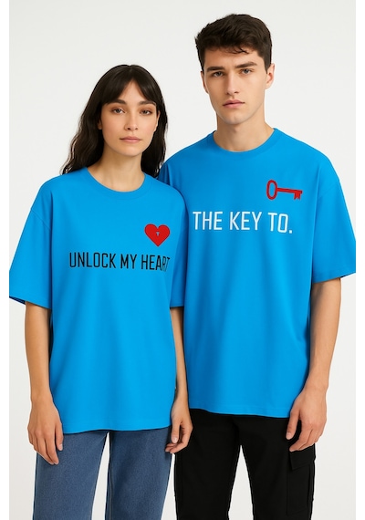 Nevermind Unisex Çift Erkek Kadın Tişört 2li Set Takım The Key To Baskılı Sevgili Kombini Mavi