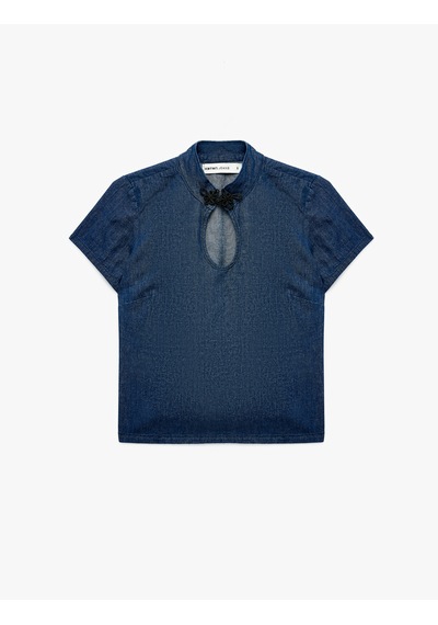 Koton Damla Pencere Detaylı Süslü Düğmeli Kapama Dik Yaka Kısa Kollu Denim Bluz Koyu İndigo 7wal30012md Dark Indigo