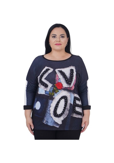 Büyük Beden Çiçek Nakışlı Love Nakışlı Kışlık Oversize Bluz Siyah