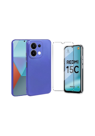 Xiaomi Redmi 15c İle Uyumlu Kılıf Soft Yumuşak Telefon Kılıfı Ve Temperli Cam Ekran Koruyucu Saks Mavi