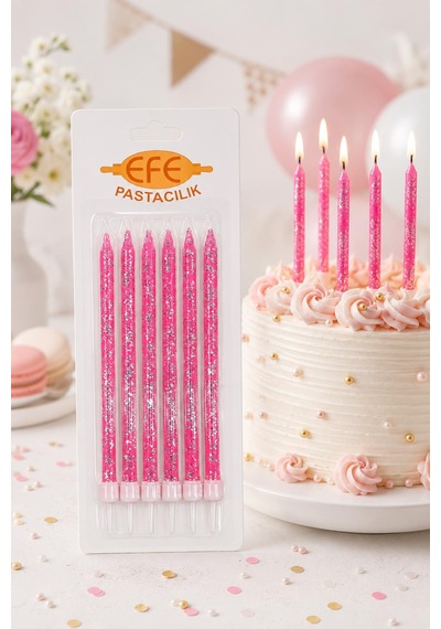 Pembe Gümüş Simli Uzun Pasta Mumu 17 Cm Karışık