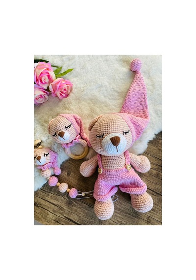 Adenya Sepeti Masala Ayıcık Set Pembe Renk Örgü Amigurumi Oyuncak + Diş Kaşıyıcı + Emzik Askısı
