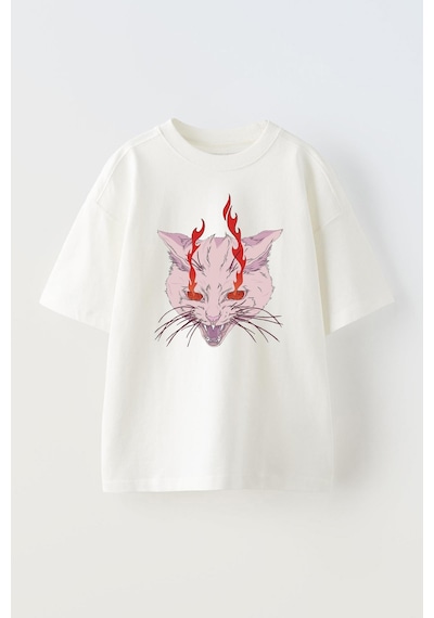 Thewert Unisex Devil Cat Tasarım Baskılı Pamuk Beyaz Oversize T-shirt