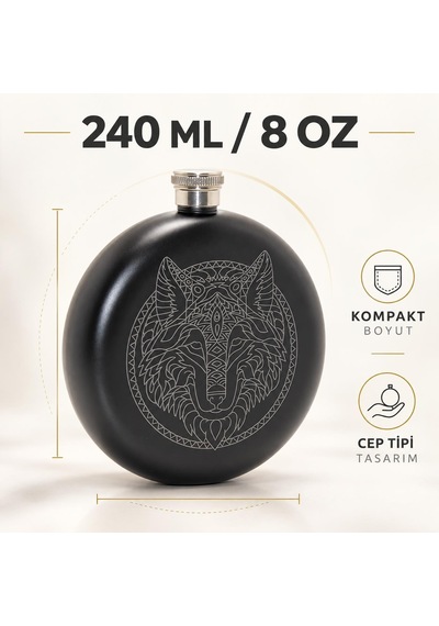 Kurt Desenli Paslanmaz Çelik İçki Matarası 240 Ml 8 Oz Cep Matarası Hunili Kamp Outdoor Erkek Hediye Siyah