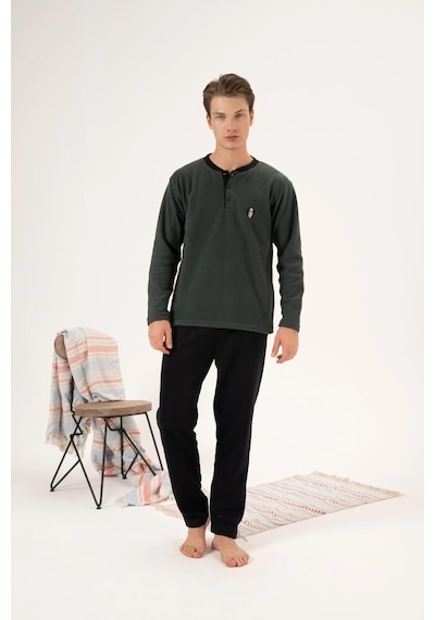 Estiva 24421 Erkek Kışlık Polar Düğmeli Yaka Pijama Takımı Haki