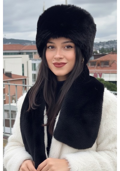 Mollycrush Peluş Kalpak Atkı Eldiven 3'lü Set Kadın Kışlık Siyah Suni Kürklü 3'lü Takım Siyah