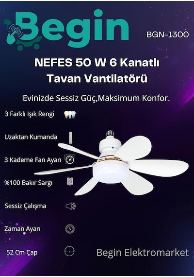 Begin 50w 6 Kanatlı Led Işıklı Tavan Vantilatör Uzaktan Kumandalı