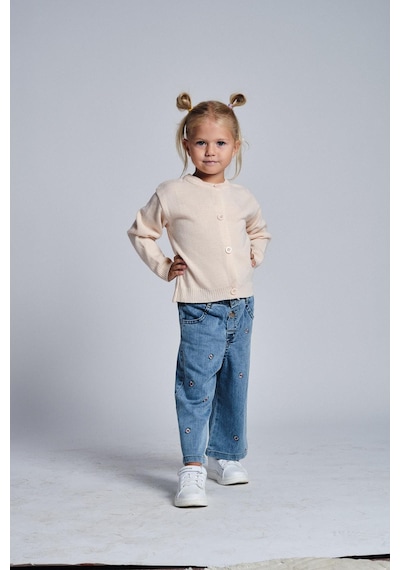 Miababy Papatya Nakışlı Denim Pantolon Hırka Takım Pudra