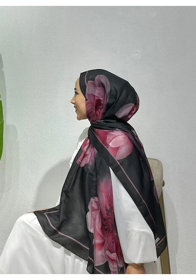Aminenesil İpeksi Soft Pamuk Çiçek Desen Şal Siyah Pembe Renk Tuka Bej - Krem - Siyah