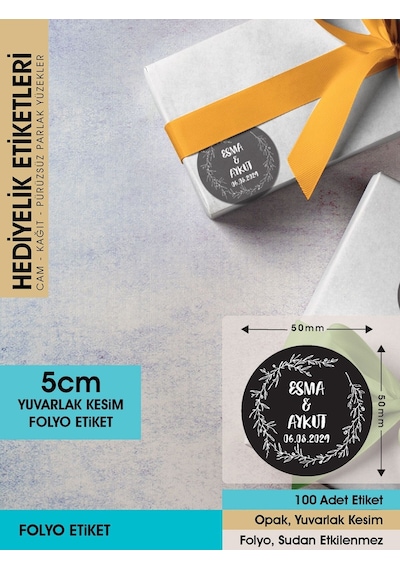 Çelenk Çiçek Motifli, Siyah Etiket Modeli Ürünlerinize Özel 5 Cm - 100 Adet Folyo Sticker Siyah - Beyaz