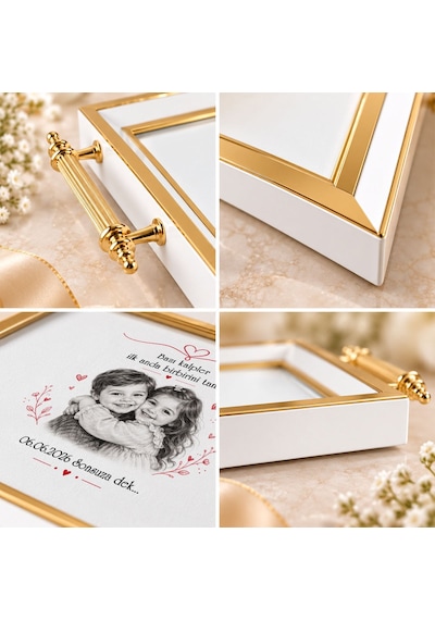 Bk Gift Kişiye Özel Fotoğraflı Beyaz&gold Söz Nişan Tepsisi-2 - 39x23 Cm Çok Renkli