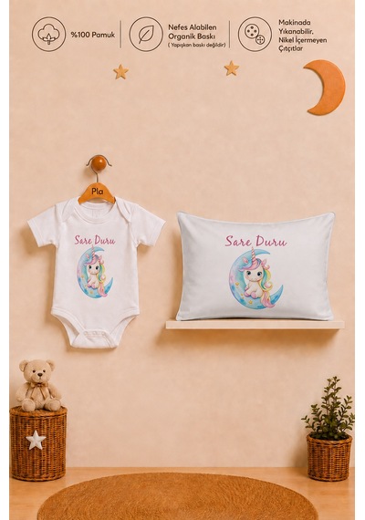 Pia Baby İsimli Kız Bebek Hediye Seti %100 Pamuk Organik Baskılı Body Yastık Kılıfı Ve Ham Bez Bebek Kıyafet Kesesi 1100bykyx Ekru