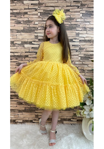 Mnk Baby & Kids Katkat Prenses Dantel Tokalı Kız Çocuk Elbise Sarı