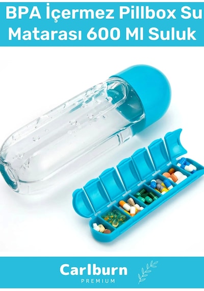 Özel Üretim Hap Bölmeli İlaç Kutusu %100 Bpa İçermez Pillbox Su Matarası 600 Ml Suluk Çok Renkli