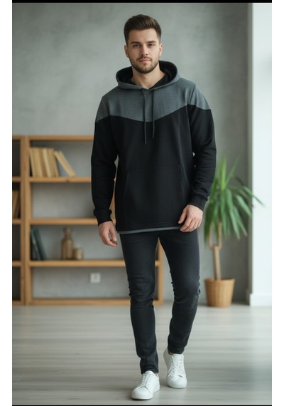 Gri Siyah Erkek Kapüşonlu Sweatshirt Antrasit-siyah