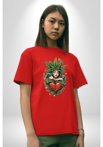 Kalp Parmak Kız Yeşillik Mutluluk Pamuklu Bisiklet Yaka Unisex Oversize Boyfriend Dijital Baskılı Kırmızı T-shirt Kırmızı