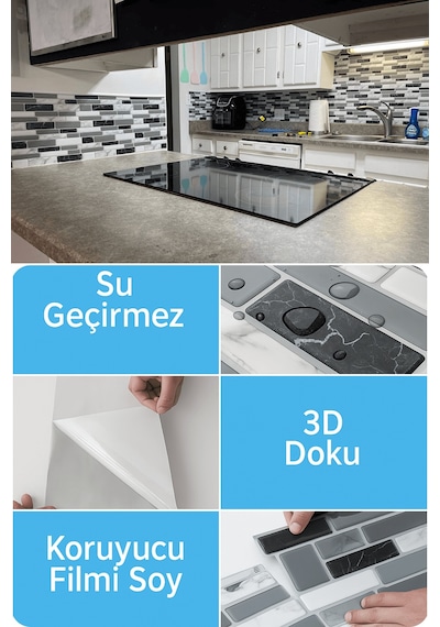Technojet 4lü Paket 30cm 30cm 3boyutlu Mozaik Görünümlü Kendinden Yapışkanlı Karo Pvc Mutfak Kaplama