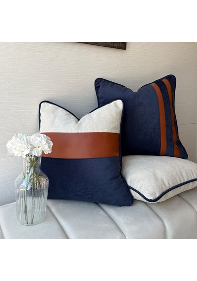 "navy Leather" Deri Şeritli Kırlent Kılıfı Seti Lacivert - Beyaz - Kahverengi