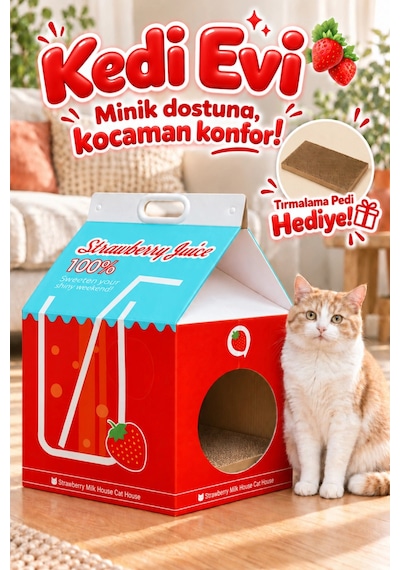 Çilek Desenli Karton Kedi Evi Katlanabilir Süt Kutusu Tasarımı, Tırmalama Pedi Hediyeli Sempatik K