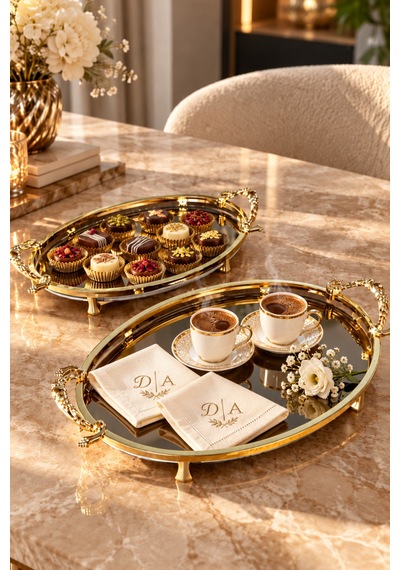 Gold Kaplama Füme Aynalı Söz Nişan Tepsisi 2 Li Set Kız İsteme, Damat Kahve Ve Sunum Tepsisi - 929146826 Diğer