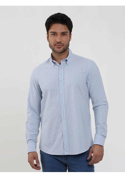 Dufy Mavi Erkek Slim Fit Çizgili Düğmeli Yaka Uzun Kol Gömlek - 104900-mavi Mavi
