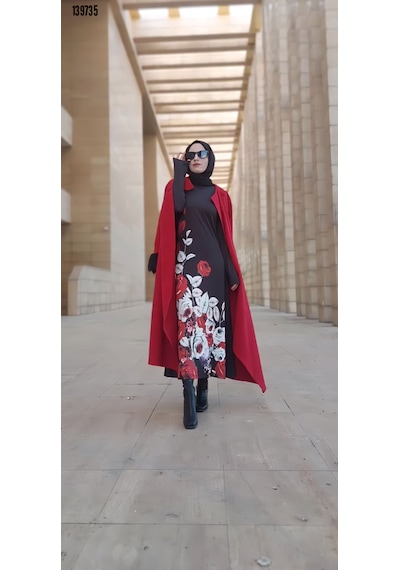 Moda Kadın Tesettür Bisiklet Yaka Çiçekli Uzun Kollu Mikro Midielbise Siyah