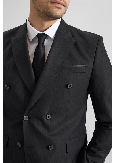 Süvari Siyah Slim Kruvaze Yaka 6 Drop Takım Elbise Tk1006900389-s09 Siyah