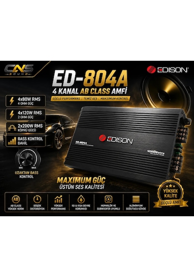 Edison Ed-804a 4 Kanal Ab Class Oto Amfi 4x80w Rms / 4x120w Rms / 2x200w Köprü Bass Kontrol Dahil