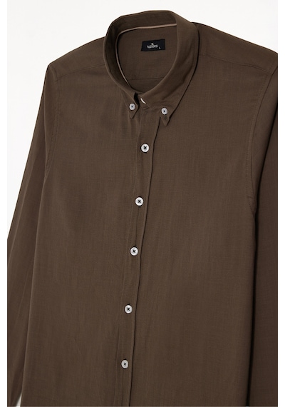Tudors Erkek Slim Fit Dar Kesim %100 Pamuk Düğmeli Yaka Flam Keten Haki Gömlek-50274