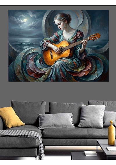 Gitar Çalan Mistik Kadın Portresi Dekoratif Kanvas - Mdf Ahşap Tablo